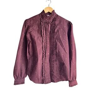 Vintage Jack Mulqueen Silk Blouse LARGE Red Long Sleeves Button Front Ruffles